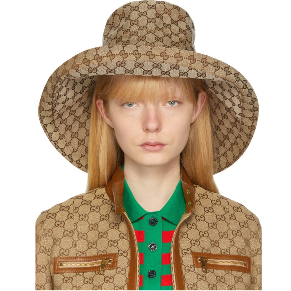 Beige Monogram Wide Brim Large Jacquard Canvas Bucket Hat Sun Coverage Beach New - Picture 7 of 16